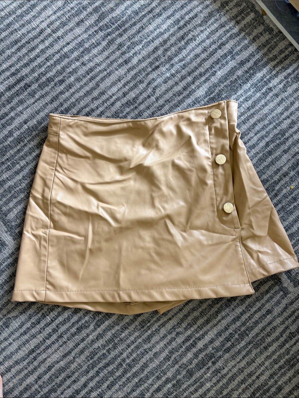 Zara Beige Faux Leather Button Wrap Mini Skort